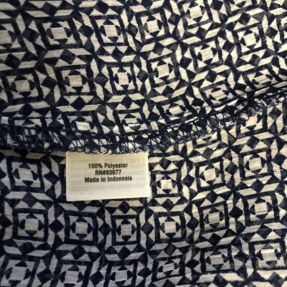 St Johns Bay Sheer Blouse Womens Sz Medium Geometric Blue White Tassel Tie Boho - Picture 7 of 10